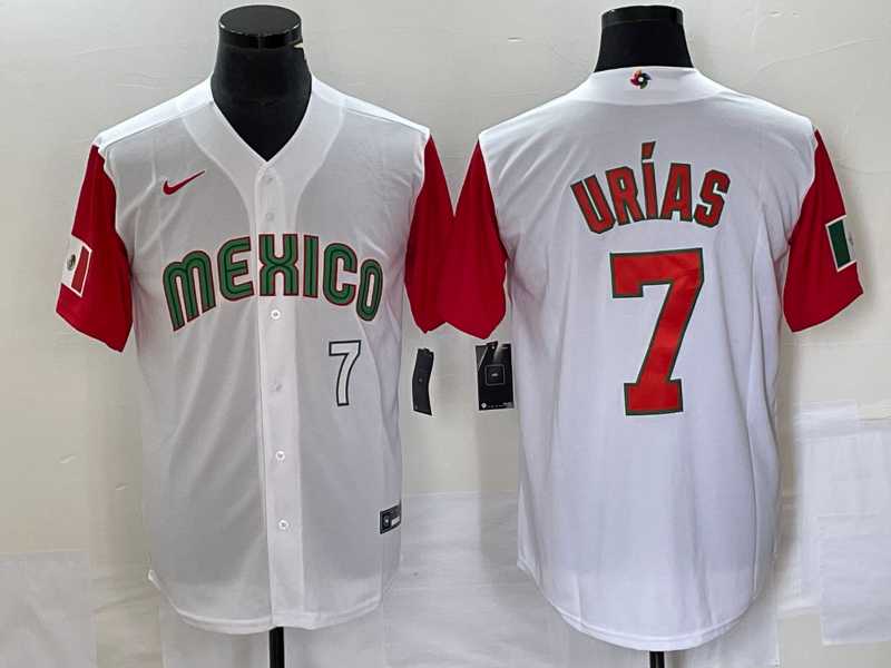 Men%27s Mexico Baseball #7 Julio Urias Number 2023 White Red World Classic Stitched Jersey20